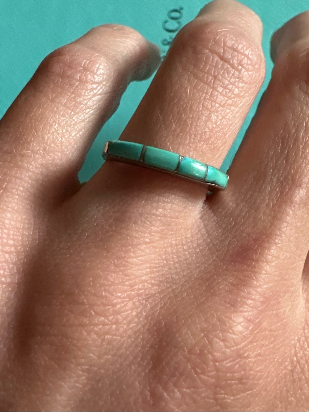 Vintage Sterling Build Up Turquoise Row Band Ring Size 5.5